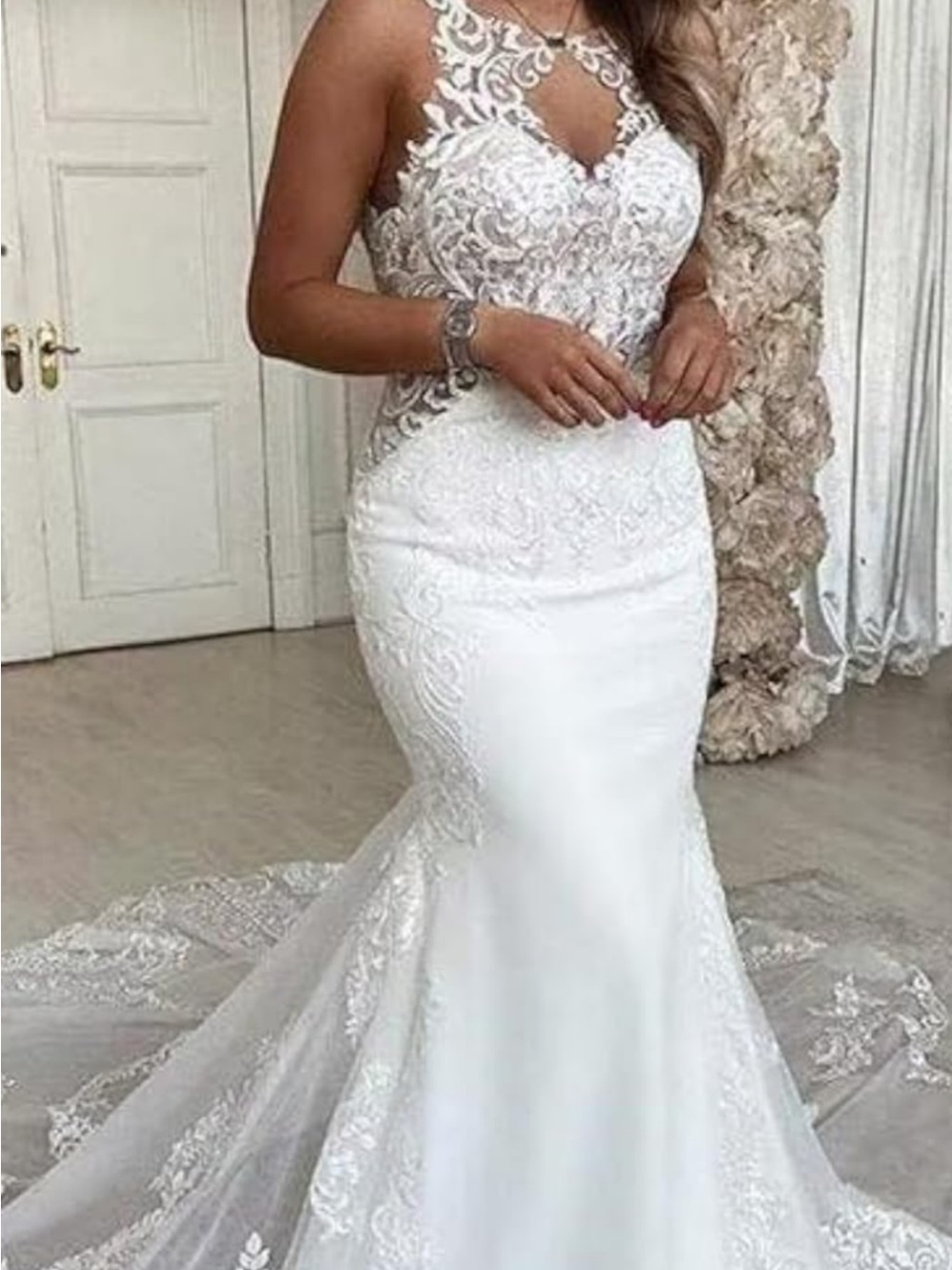 Lace Appliqué White Mermaid Wedding Gown